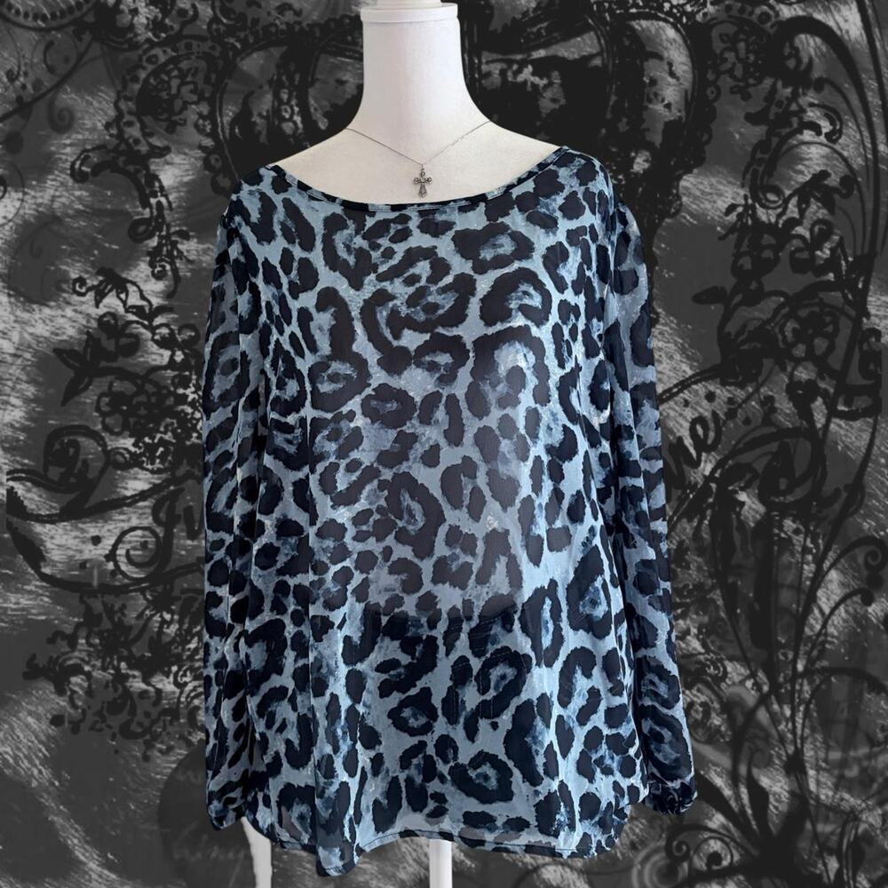 blue black white watercolor leopard print sheer glam blouse
